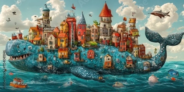 Fototapeta A whimsical town rests atop a giant whale swimming in the ocean
