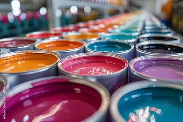 Fototapeta A colorful display of paint cans sits neatly on shelves, featuring a variety of vibrant hues in an art supply store. The arrangement highlights the artistic possibilities available.