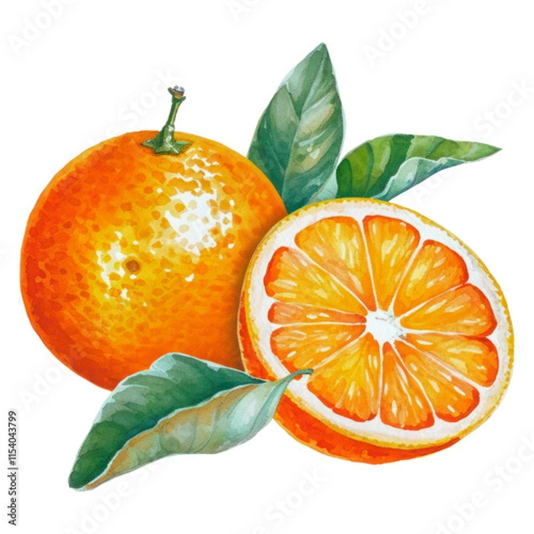 Obraz Abstract watercolor orange fruit with leaves and slices isolated on transparent PNG
 