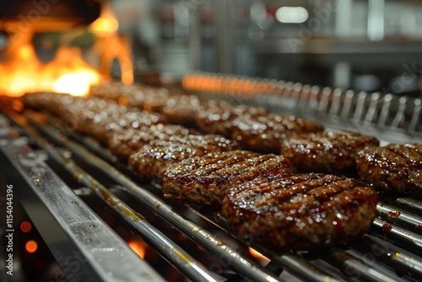 Fototapeta Juicy meat patties are sizzling on a grill with flames dancing nearby, creating a warm atmosphere at a summer gathering as the sun sets in the background.