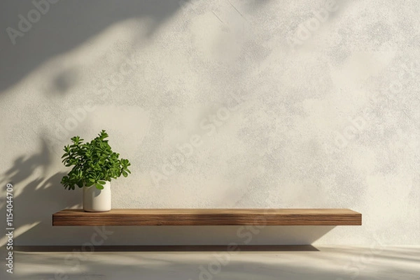 Fototapeta A plain white wall with a small potted succulent on a wooden shelf.