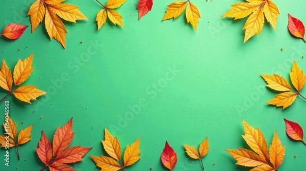 Fototapeta Autumnal foliage arranged artfully on a vibrant green backdrop, creating a captivating seasonal frame for your design projects