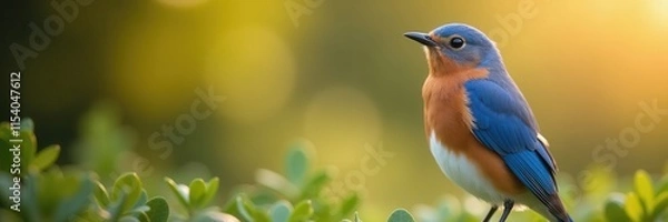 Fototapeta A Vibrant Eastern Bluebird Perched in a Softly Lit Garden with Green Foliage and Golden Bokeh Highlights its Colorful Plumage