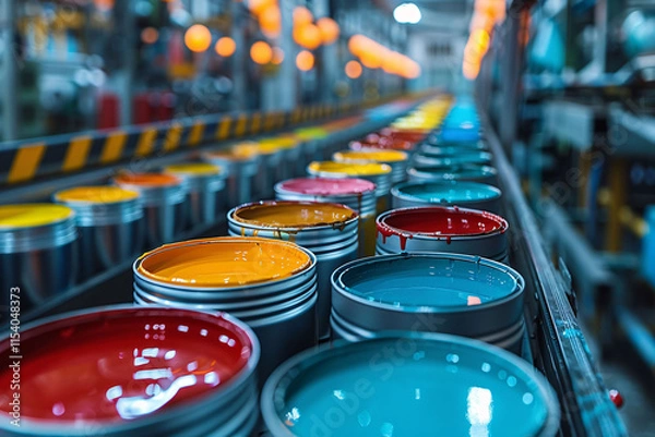 Fototapeta A long array of colorful paint cans is displayed in a factory, highlighting the manufacturing process with bright hues of red, blue, orange, and green