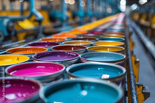 Fototapeta A variety of paint cans in bright colors sit organized on a production line in a factory. The vibrant hues reflect the efficiency of the manufacturing process during the daytime.