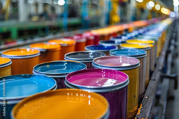 Fototapeta A variety of paint cans in different colors are neatly arranged along a conveyor belt in a factory setting, showcasing the products ready for distribution and use.