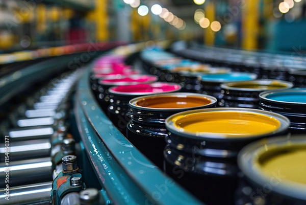 Fototapeta A row of vibrant paint containers moves along a conveyor belt in a busy manufacturing facility, showcasing a variety of colors under bright overhead lights. The atmosphere is lively and organized.
