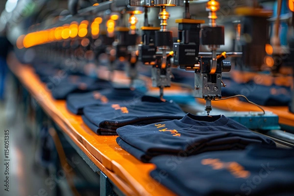 Fototapeta In a textile factory, a neat row of t-shirts awaits processing on the assembly line, illuminated by industrial lights, highlighting the efficient manufacturing workflow.