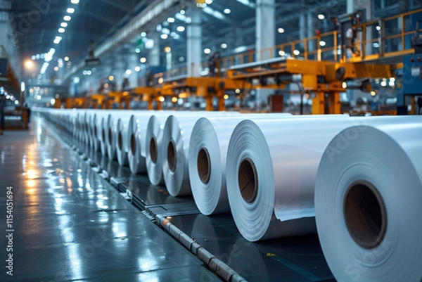 Fototapeta Large rolls of white paper are lined up in an industrial facility, showcasing an organized workspace filled with machinery and overhead cranes actively engaged in production.