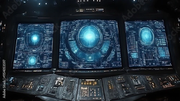 Fototapeta Futuristic spaceship control panel with glowing interfaces.