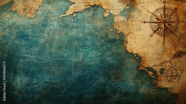 Fototapeta Aged Map With Compass Showing Ocean Exploration