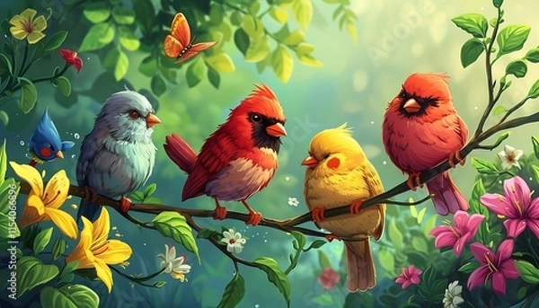 Fototapeta A picturesque gathering of colorful birds perched on a branch amidst vibrant flowers and lush greenery, glowing with morning light.