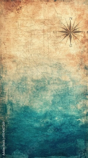 Fototapeta Aged Map Background With Vintage Compass Rose