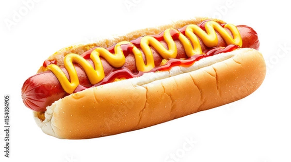 Fototapeta Hot dog with ketchup and mustard, isolated on a white background. isolated on a transparent background. PNG format for graphic design.