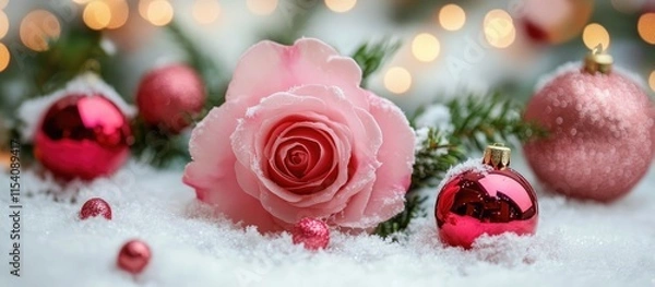 Obraz Pink rose surrounded by festive holiday ornaments on a snow-covered surface with sparkling lights for winter celebrations