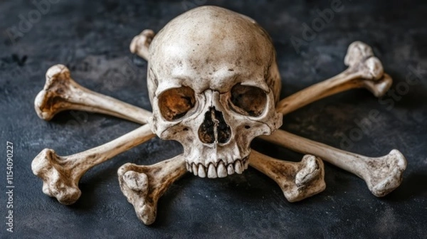 Fototapeta Skull and crossbones on dark background representing horror theme for Halloween or crime scene in still life style with selective focus