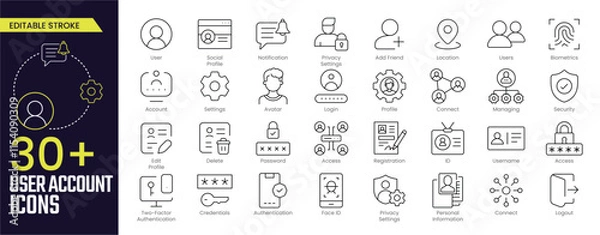 Obraz User Account Stroke icon collections. Containing profile, password, login, username, avatar, connect, add friend and more icons. Editable Stroke icon collection Outline icon