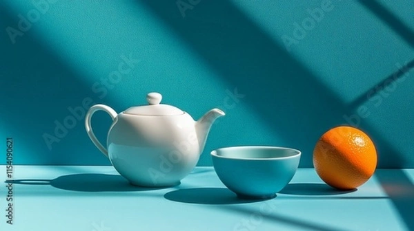 Fototapeta A minimalist tea setup with a white teapot and a vibrant orange fruit. The blue background creates a calm atmosphere.