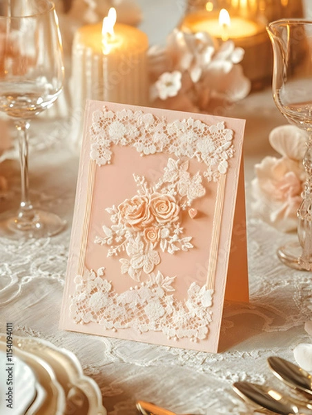 Fototapeta A beautifully designed greeting card with floral embellishments on a decorated table setting.