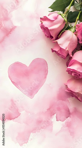 Fototapeta A soft pink background with a heart shape and roses, conveying love and romance.