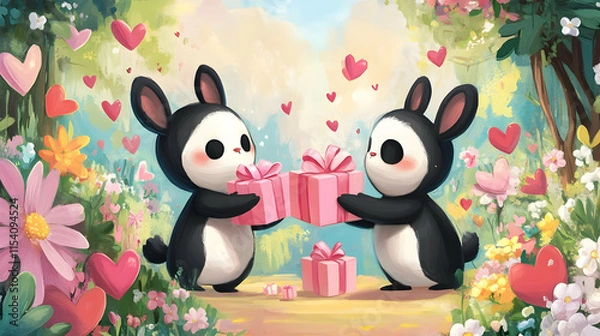 Fototapeta Two cute rabbits exchanging gifts in a colorful, heart-filled garden.