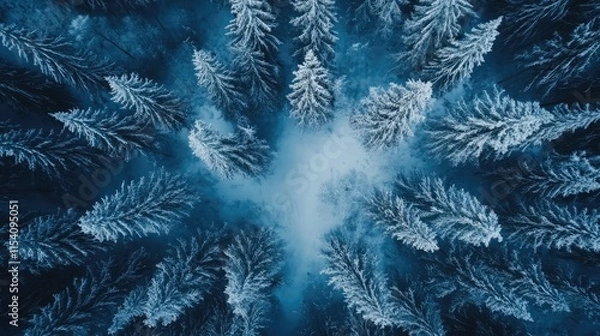 Fototapeta Aerial view of pine tree forest in winter showcasing a serene landscape covered in fresh snow and expansive wilderness