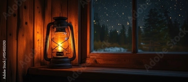 Fototapeta Twinkling stars viewed from a dimly lit room with a vintage lantern creating a cozy atmosphere in long exposure photography