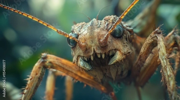 Fototapeta Close-up of a large grasshopper showcasing detailed features and textures in a natural environment, highlighting insect biodiversity.