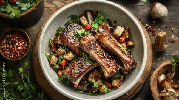 Obraz Savory oriental sticky pork spare ribs served in a bowl garnished with fresh herbs and spices on a rustic wooden table