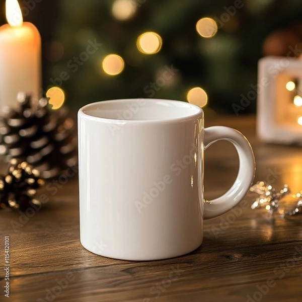 Fototapeta Blank White Mug on Wooden Table Surrounded by Festive Decorations and Warm Candlelight, Creating a Cozy Atmosphere for Winter Evenings