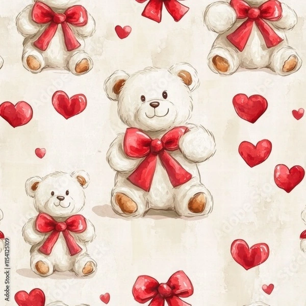 Fototapeta Colorful pattern featuring cute teddy bears with red bows alongside hearts on a soft background. Generative AI