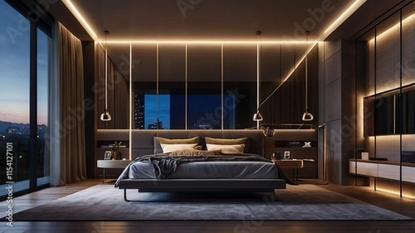 Fototapeta Smart bedroom at night with dynamic lighting scenes, futuristic furniture, and 3D rendering.