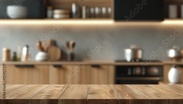 Fototapeta Wooden Table Surface in Modern Kitchen Setting with Blurred Background for Cooking Themes