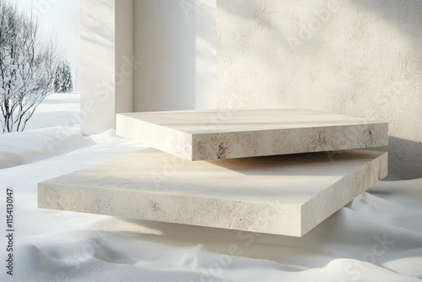 Obraz Modern architectural design featuring suspended stone slabs in a snowy landscape