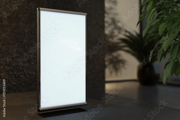 Fototapeta Blank Rollup Banner Stand – Modern Office with Large Windows, Metal and Glass Elements on Dark Background, Advertising Concept, 3D Rendering