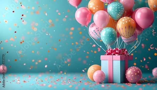 Fototapeta A pastel pink gift box tied with a ribbon, surrounded by vibrant balloons and colorful confetti. A festive scene perfect for joyful celebrations.