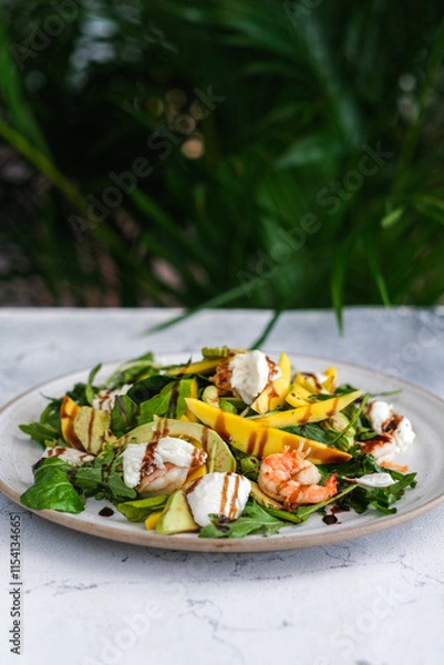 Obraz A tropical salad featuring fresh mango slices, shrimp, creamy burrata, arugula, and avocado.