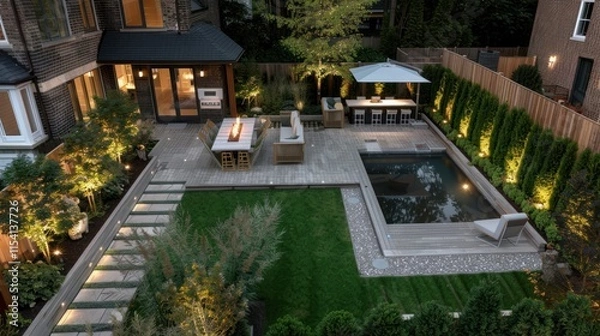 Obraz Modern backyard oasis with pool, patio, and fire pit at night.
