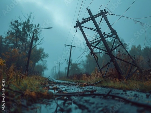 Obraz Toppled overhead downed power lines. electricity pylon high-voltage power lines were damaged by the storm, wind storm