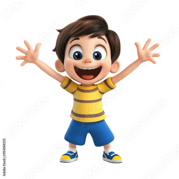 Fototapeta Excited kid cartoon toy with a cheerful white background in AI art style.