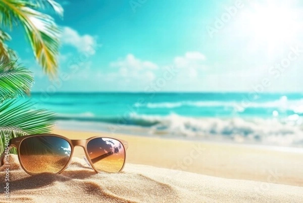 Fototapeta Relaxing summer beach scene with sunglasses on warm sand and turquoise ocean ahead. Generative AI