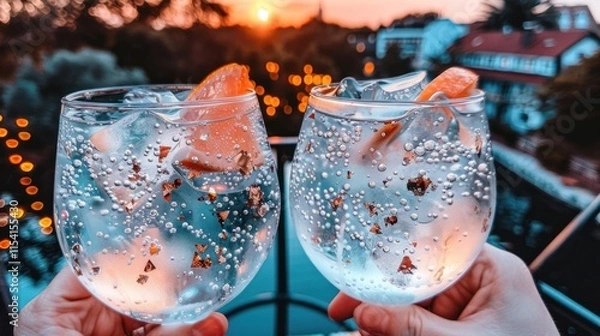 Obraz Two gin and tonics at sunset, garnished with orange slices and edible gold flakes.