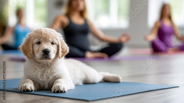 Fototapeta Puppy lounging on yoga mat while people meditate in a tranquil studio setting during a calming session