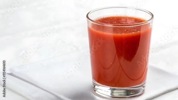Obraz A glass filled with a vibrant red liquid, likely tomato juice, rests on a white surface. The glass is transparent, showcasing the rich color and consistency of the juice.


