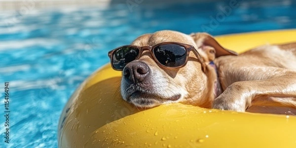 Fototapeta A stylish dog in sunglasses lounges on a yellow float in a sparkling pool, embodying summer relaxation and canine coolness.