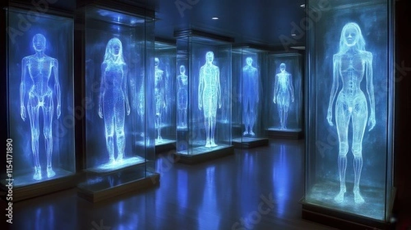 Fototapeta Holographic human figures in glass cases.