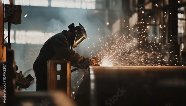 Fototapeta A construction worker welding steel with his protective mask. making sparks inside a factory