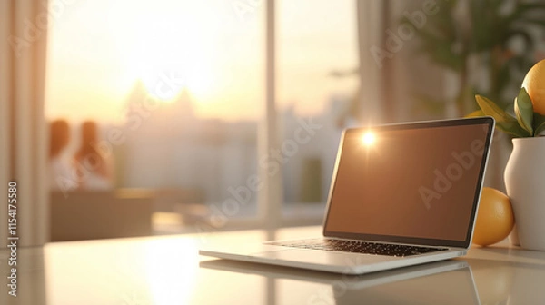 Fototapeta Modern laptop computer showing blank screen placed on glass table in kitchen with blurred family having breakfast in background at sunrise