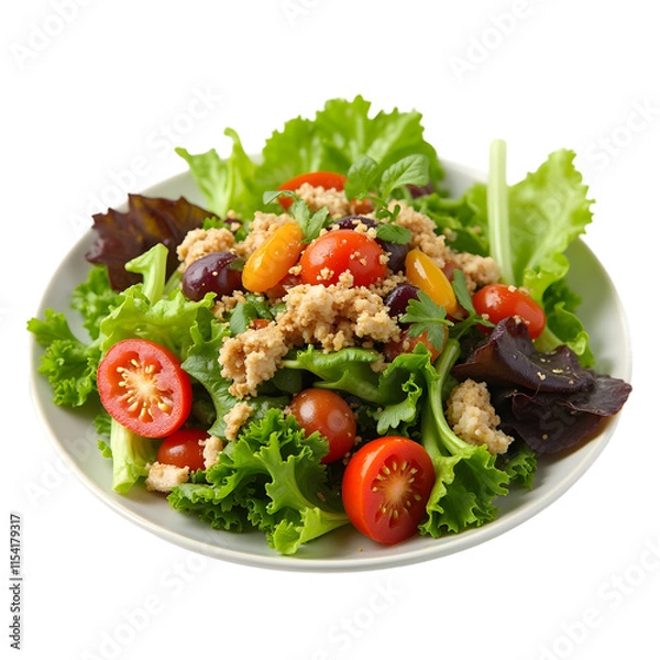 Obraz A colorful and appetizing salad of fresh mixed greens, juicy cherry tomatoes, olives and couscous, presented in a healthy and artistic arrangement on a white plate - transparent background.