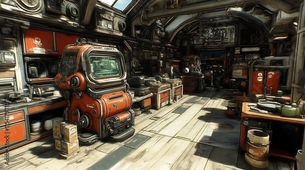 Fototapeta Rusty, cluttered spaceship workshop interior.